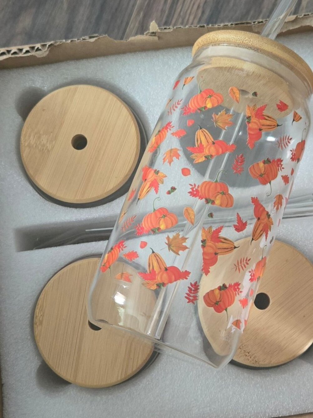 Set of Four Fall Pumpkin Print Glass Tumblers w/ Bamboo Lids & Glass Straws NEW!